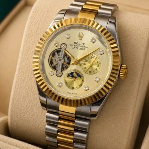 Luxury Two-Tone Automatic Skeleton Watch – Gold & Silver